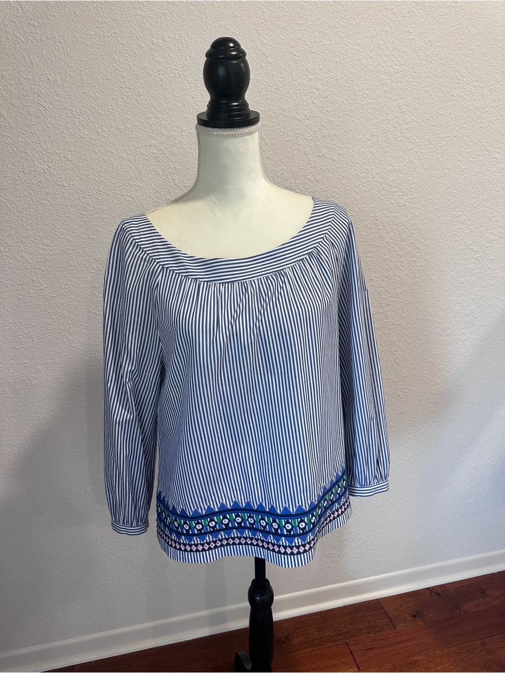 Vineyard Vines Navy & White Striped Embroidered Hem Blouse